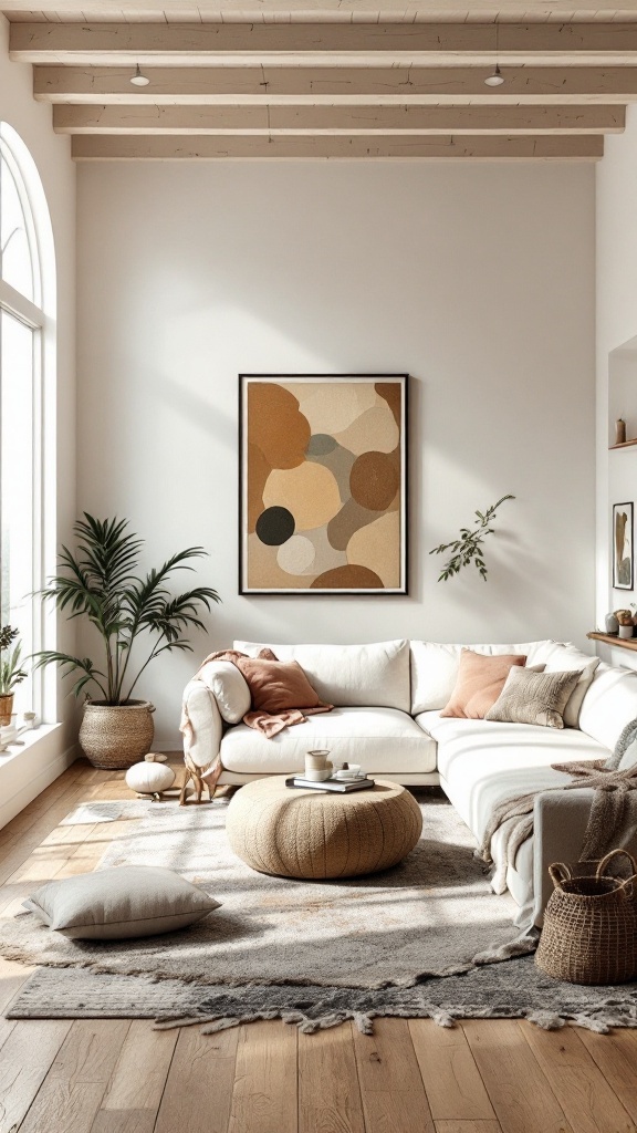 A bohemian living room with an open and airy layout, featuring a light-filled space with a sectional sofa, plants, and a woven rug.