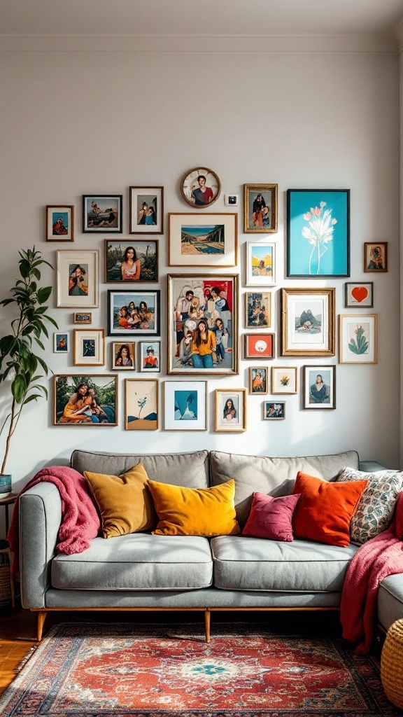A cozy living room featuring a gallery wall with various framed photos and art, along with a comfortable gray sofa and colorful pillows.