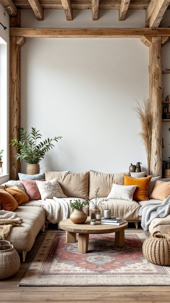 Cozy bohemian living room with rustic wooden beams and furniture