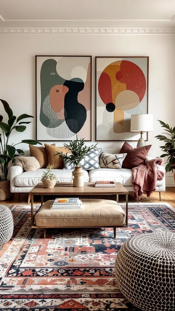 A bohemian living room featuring two abstract art pieces, a cozy sofa, plants, and a colorful rug.