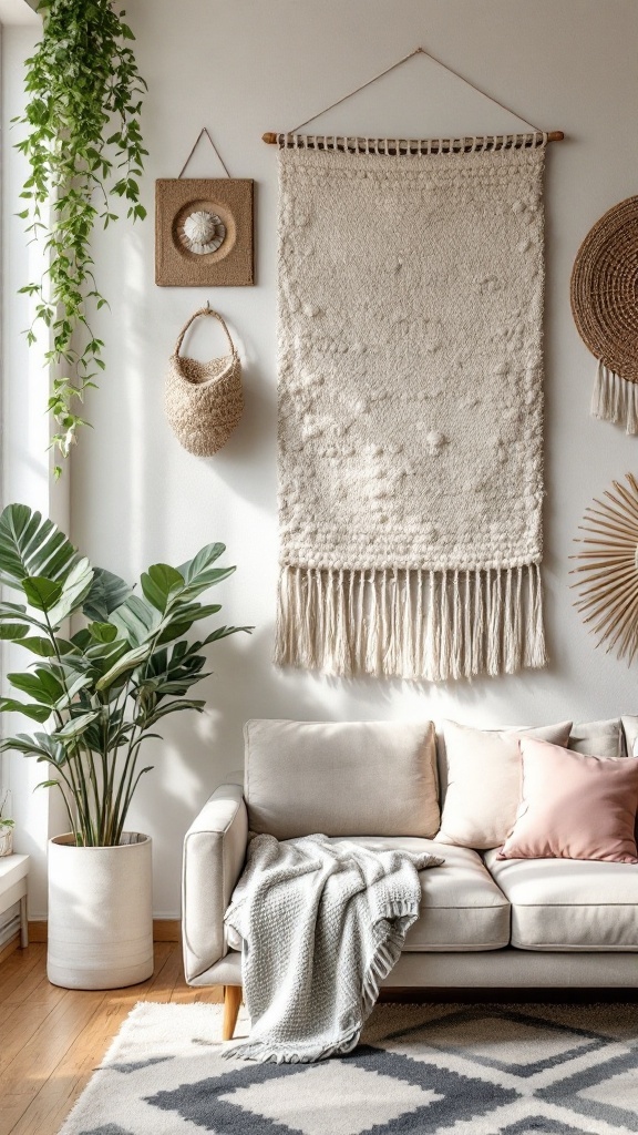 A cozy living room with textured wall decor, including a large woven tapestry, a framed artwork, and plants.