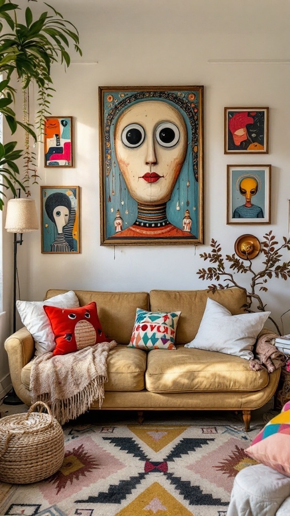 A bohemian living room featuring a large artwork, colorful cushions on a sofa, and various decor elements.