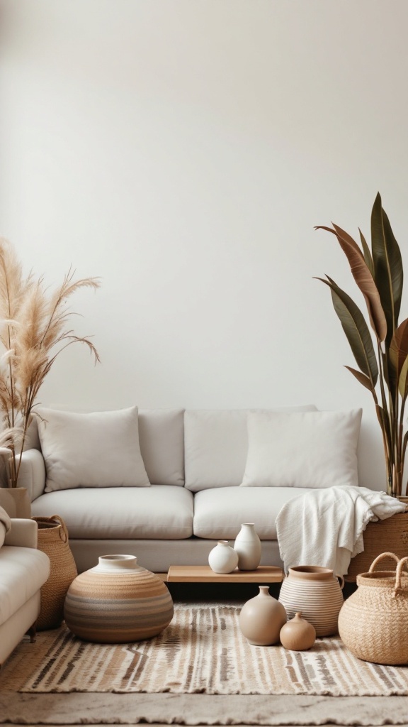A cozy bohemian living room featuring artisan-made accessories like vases and woven baskets, with a neutral sofa and natural elements.