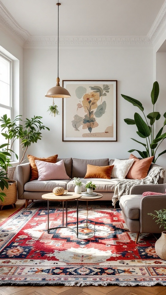 A bohemian living room featuring a colorful area rug, a cozy sofa with pillows, and indoor plants.