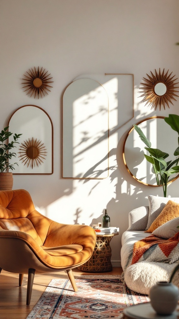 Bohemian living room featuring creative use of mirrors and warm decor elements.