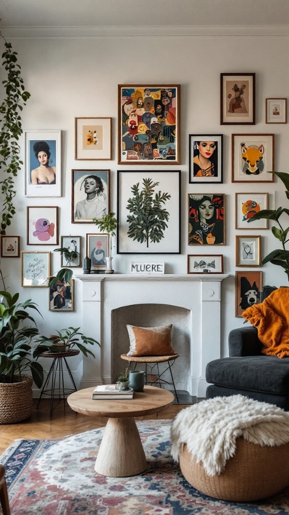 A bohemian living room with a creative wall art display, featuring a variety of framed artwork and plants