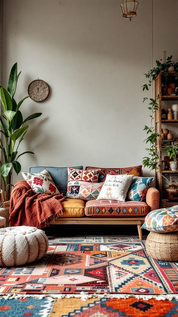 A bohemian living room featuring a colorful couch with patterned pillows, a vibrant rug, and greenery.