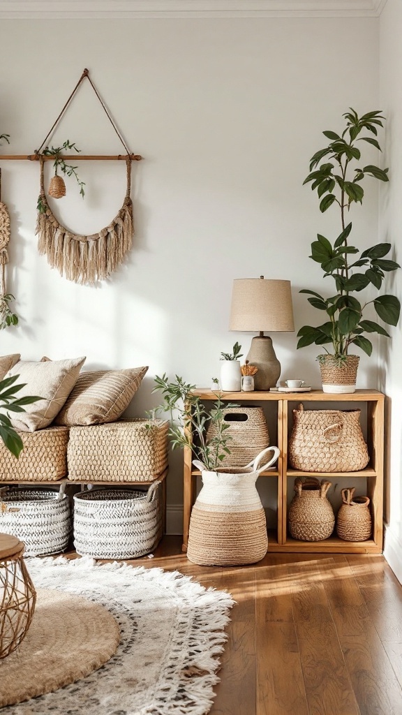 A cozy bohemian living room with natural storage solutions, including woven baskets and wooden shelves, complemented by plants.