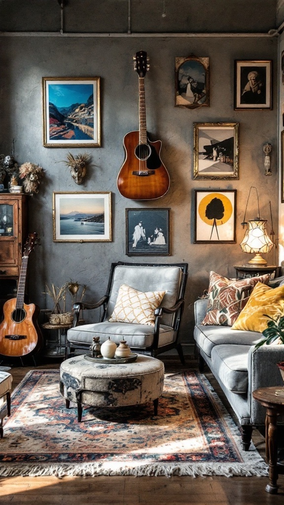A cozy bohemian living room featuring vintage furniture and eclectic decor.