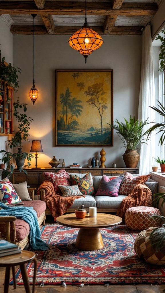 A cozy bohemian living room with global inspirations, featuring a colorful rug, patterned pillows, and artistic decor.