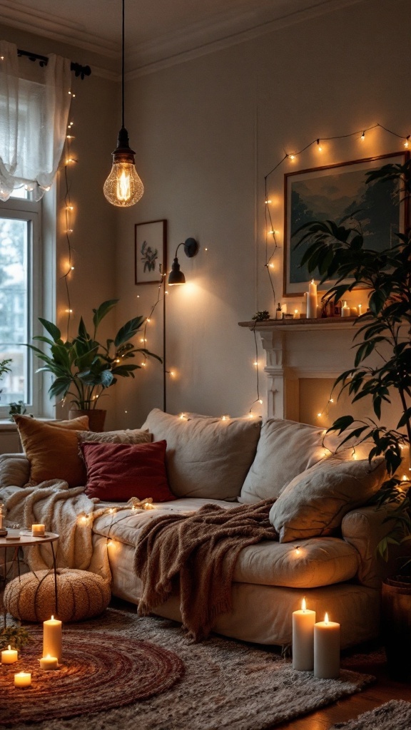 A cozy bohemian living room featuring layered lighting with a pendant lamp, string lights, and candles.