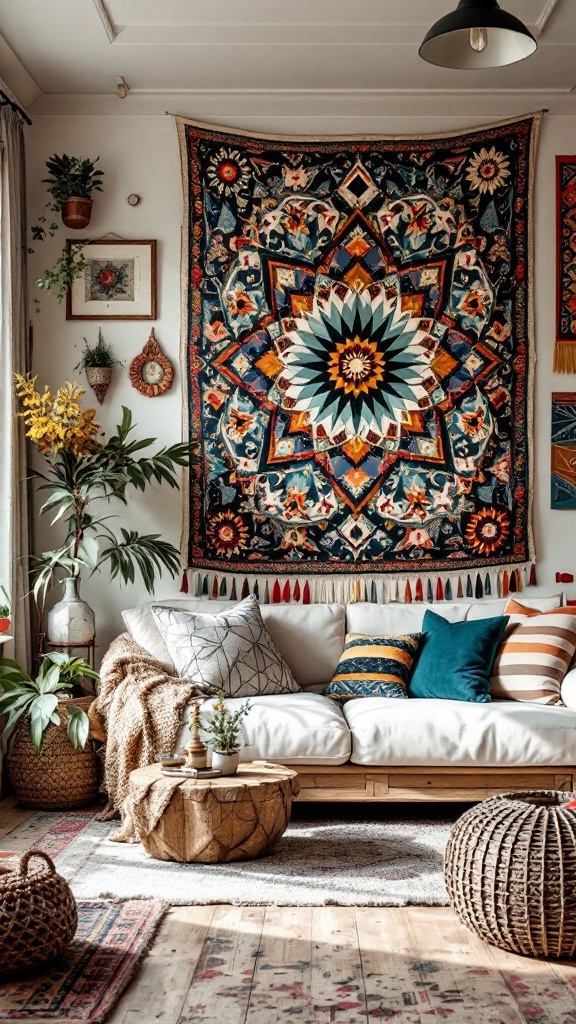 A cozy bohemian living room featuring a large tapestry, a comfortable sofa with various cushions, and natural decor elements.