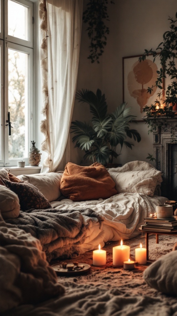 A cozy bohemian living room with soft fabrics, warm candles, and plants creating a welcoming atmosphere.