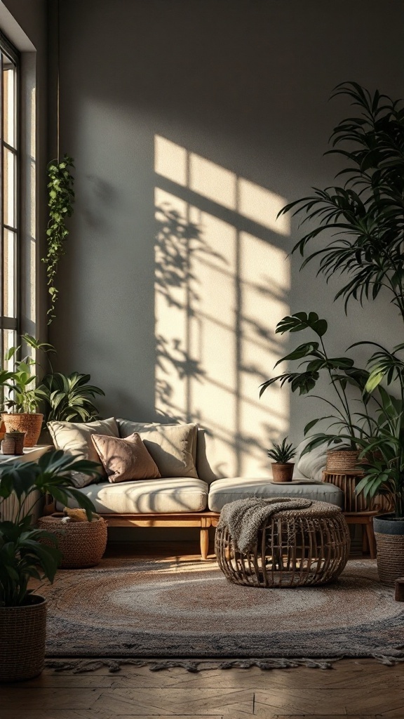 A bohemian living room with natural elements, featuring plants, a cozy sofa, and a warm atmosphere.