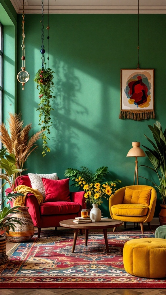 A colorful bohemian living room with a green wall, red and yellow chairs, plants, and a patterned rug.