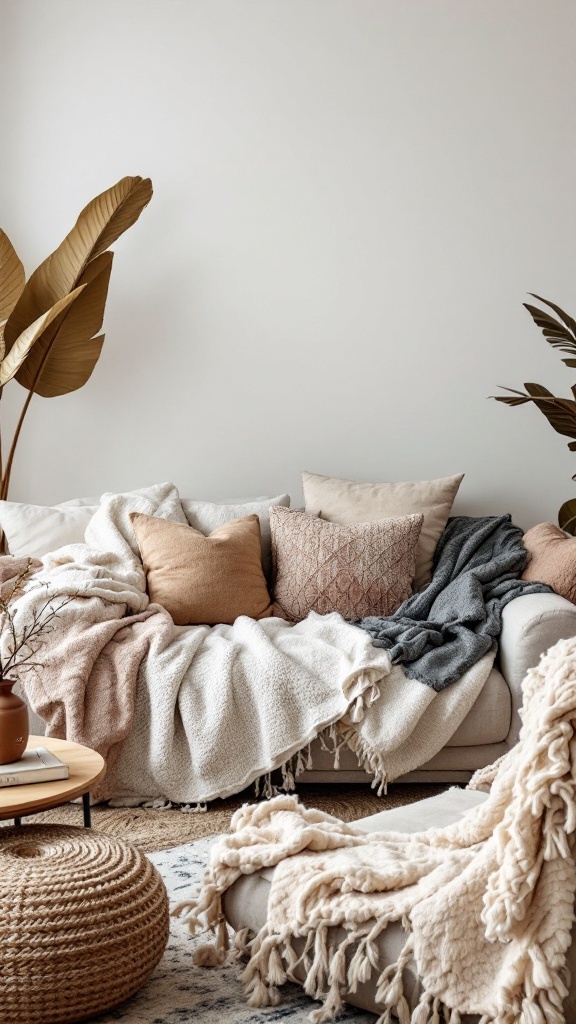 A cozy living room with soft throws draped on a sofa, featuring earthy colors and textures.