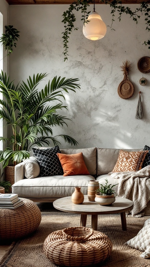 A cozy bohemian living room featuring a light sofa, woven ottomans, and various plants.