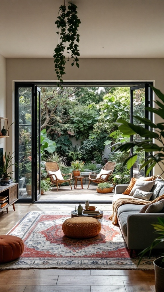 A cozy bohemian living room with open doors leading to a lush garden, showcasing a seamless transition from indoor to outdoor.