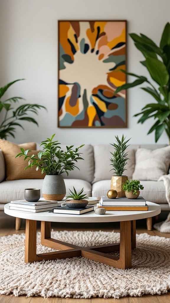 A stylish bohemian living room with a unique coffee table, plants, and a colorful artwork.