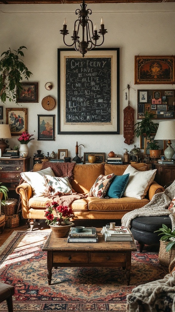 A cozy bohemian living room featuring a mustard sofa, vintage decor, and a mix of plants.