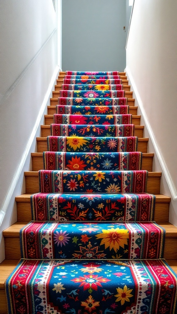 A colorful carpet runner on a staircase with floral patterns against a wooden backdrop.