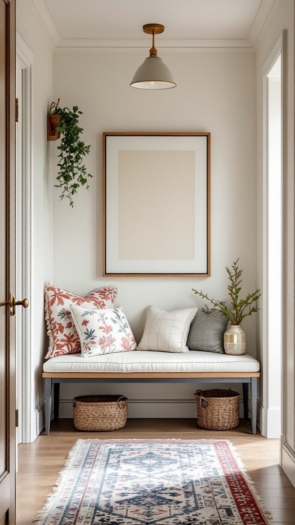 Cozy hallway nook with a bench, decorative pillows, hanging plant, and baskets