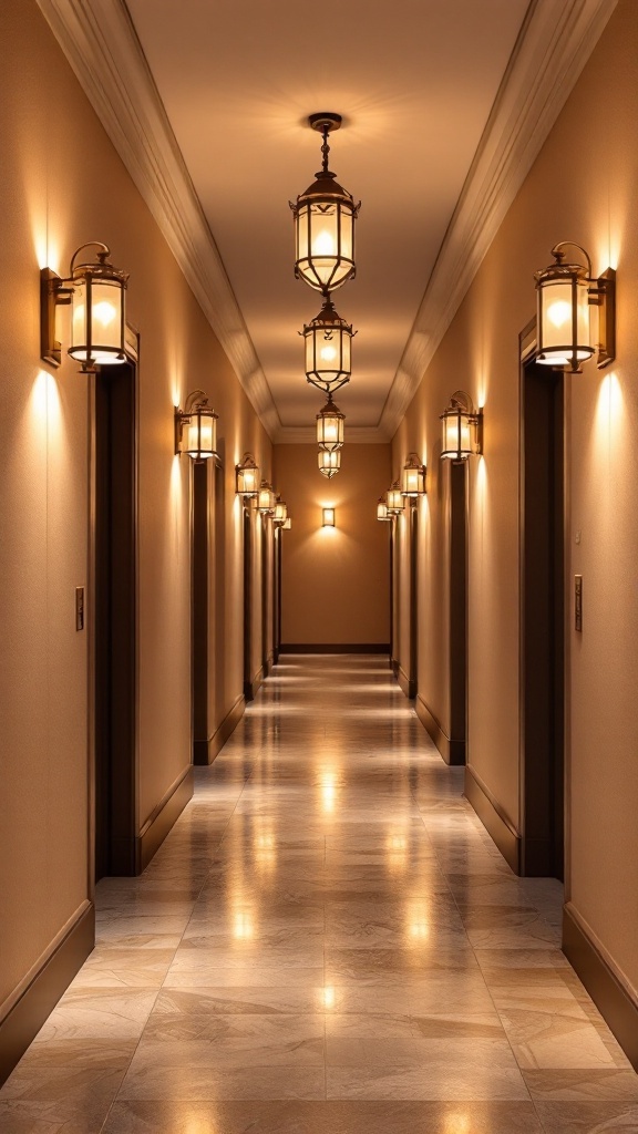 A long hallway with warm lighting from lantern-style fixtures on the walls and ceiling.