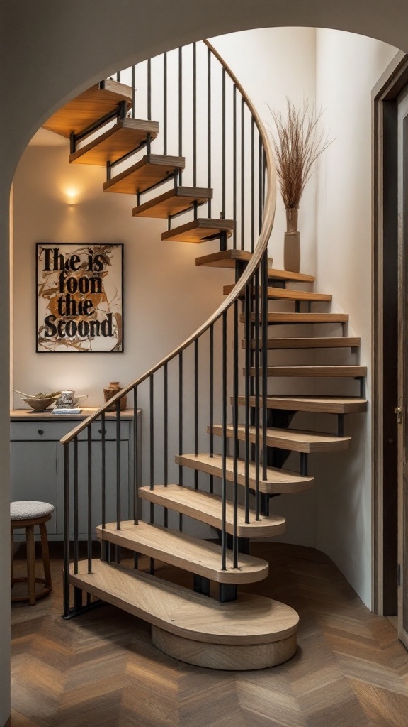A stylish spiral staircase made of wood and metal, featuring open treads and a rounded base, situated in a small hallway.