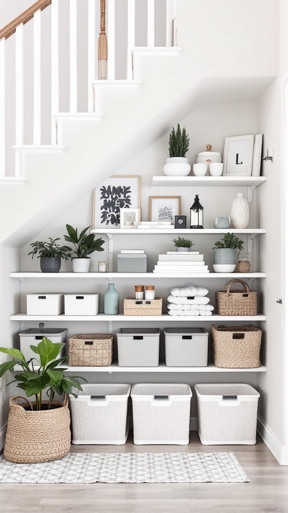 A well-organized under-stair storage area featuring shelves, baskets, and decorative items.