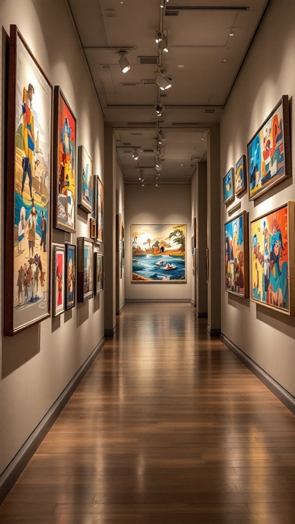 A hallway with colorful paintings displayed on the walls, illuminated by track lighting.