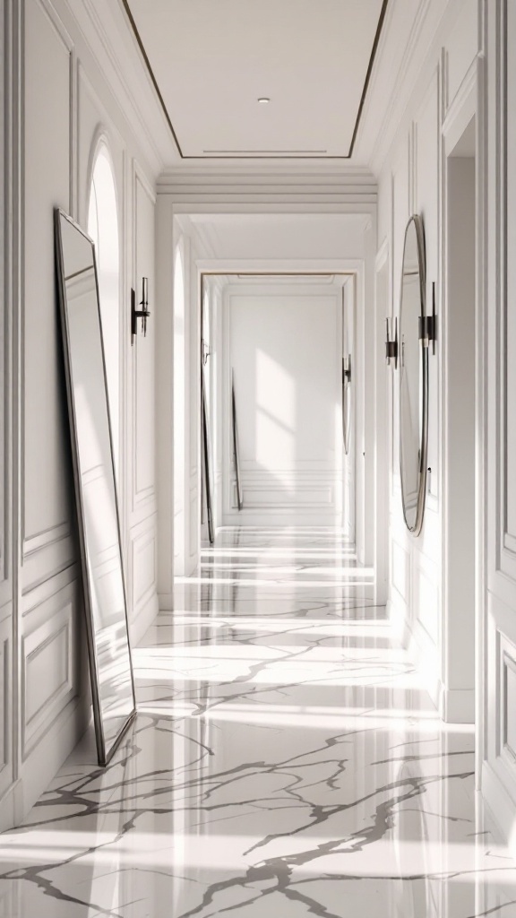 A bright, elegant hallway featuring large mirrors and stylish lighting.