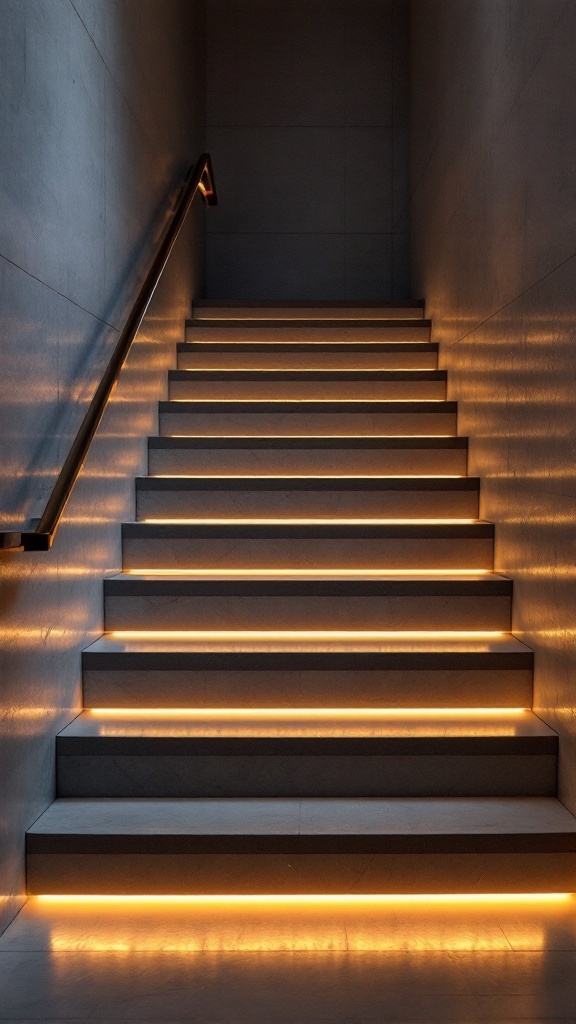 A staircase with warm LED lighting along each step, enhancing safety and ambiance.