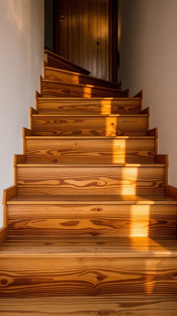A staircase with natural wood finishes showing the grain and texture of the wood