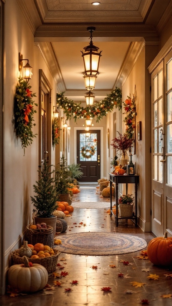 A beautifully decorated hallway for autumn with pumpkins, wreaths, and lanterns