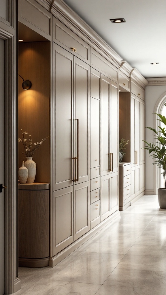 Stylish hallway with elegant cabinets and warm lighting