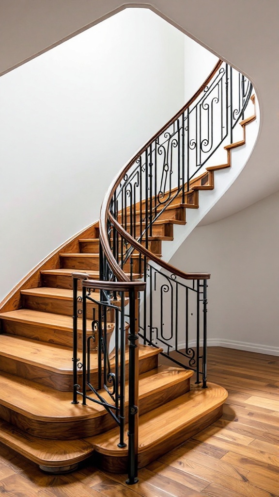 Curved wooden staircase with black metal railings