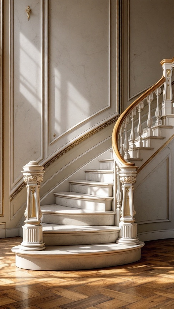 A classic staircase with an elegant wooden balustrade and detailed columns, showcasing a bright, inviting space.