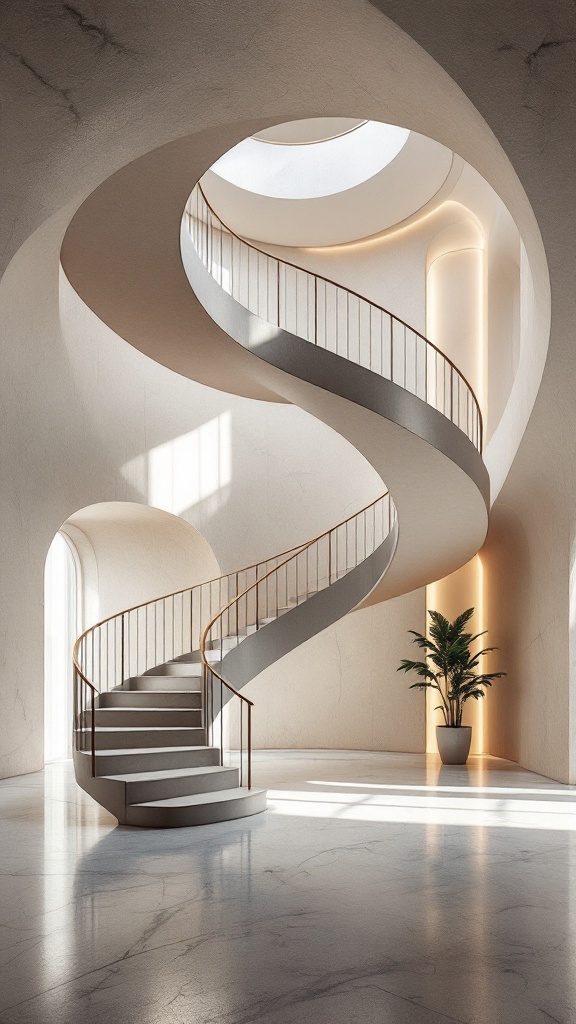 A beautifully designed spiral staircase with elegant railings and a modern aesthetic, surrounded by light and greenery.
