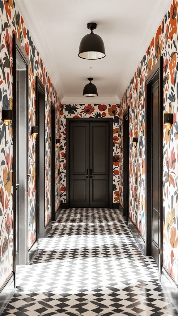 A hallway with floral wallpaper, black doors, and checkered flooring.