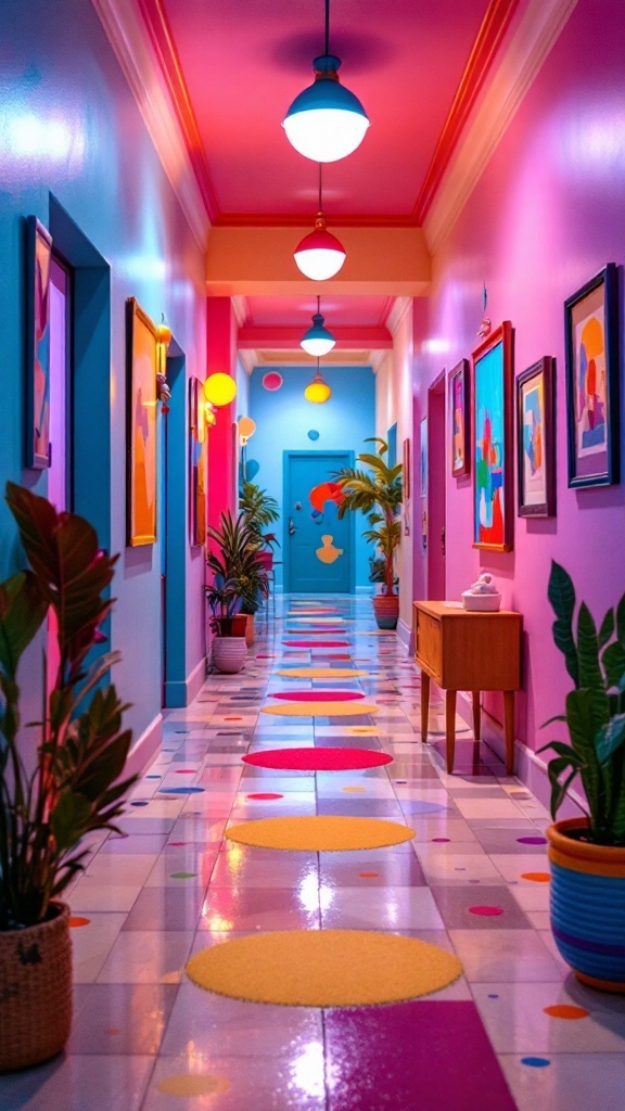 Colorful hallway with blue and pink walls, circular rugs, and playful decor.