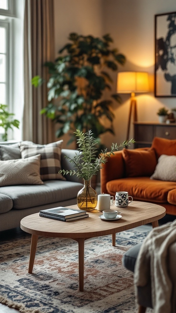 Cozy living room featuring a compact oval coffee table with a vase of greenery, books, and cups, surrounded by a sofa and an accent chair.