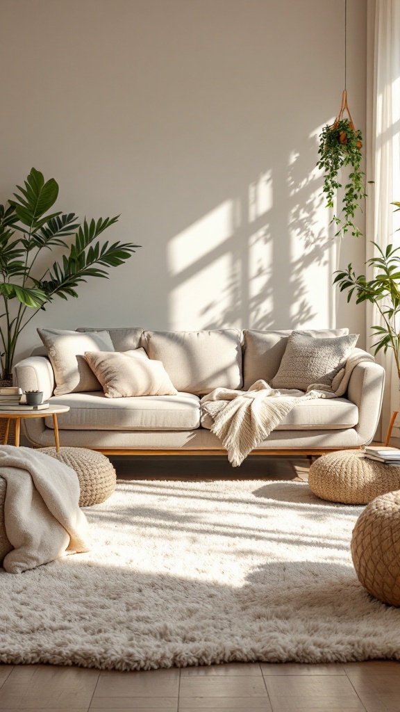 Cozy living room featuring a soft rug, light couch, and decorative plants