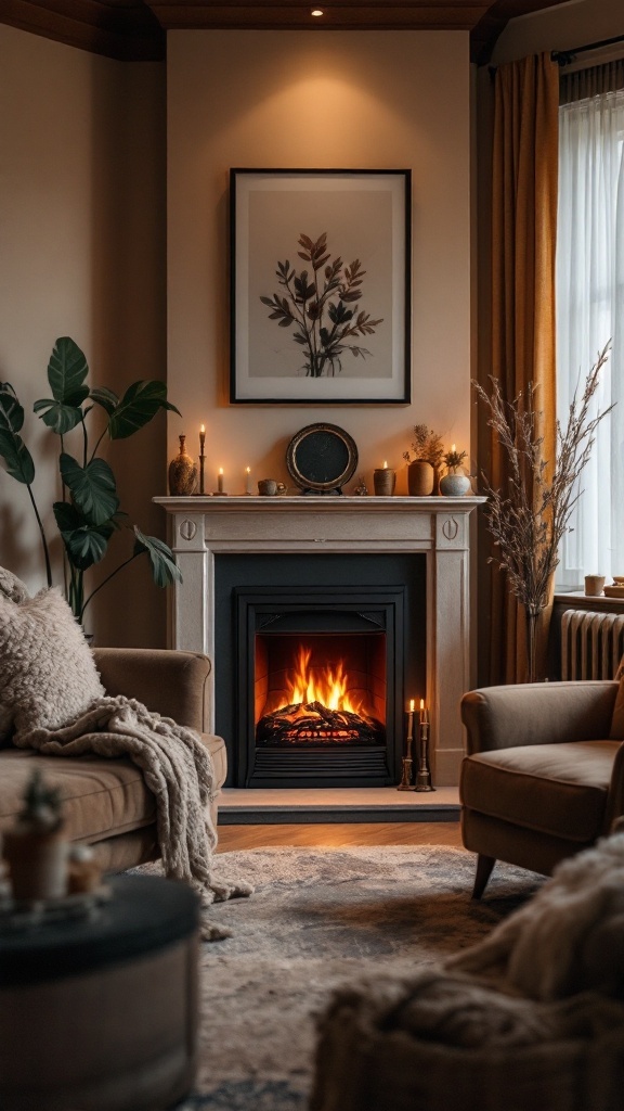 Cozy living room featuring a fireplace, comfortable seating, and warm decor.