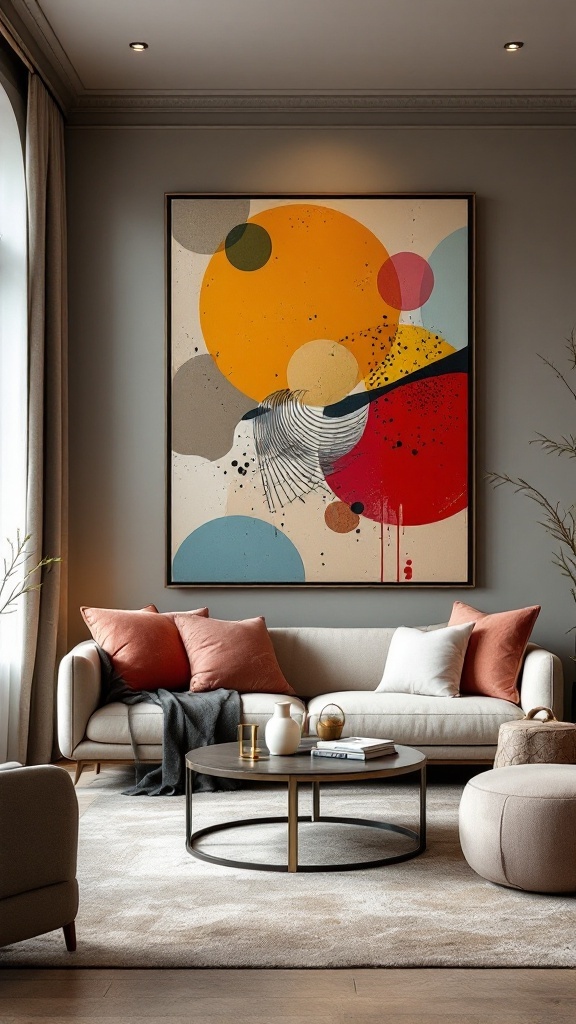 A cozy living room featuring a light sofa, colorful cushions, a round coffee table, and a vibrant abstract artwork.