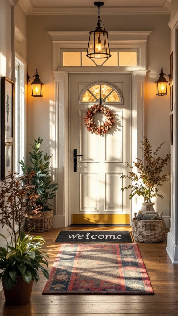 Warm and inviting apartment entryway with a wreath, plants, and welcome mat.