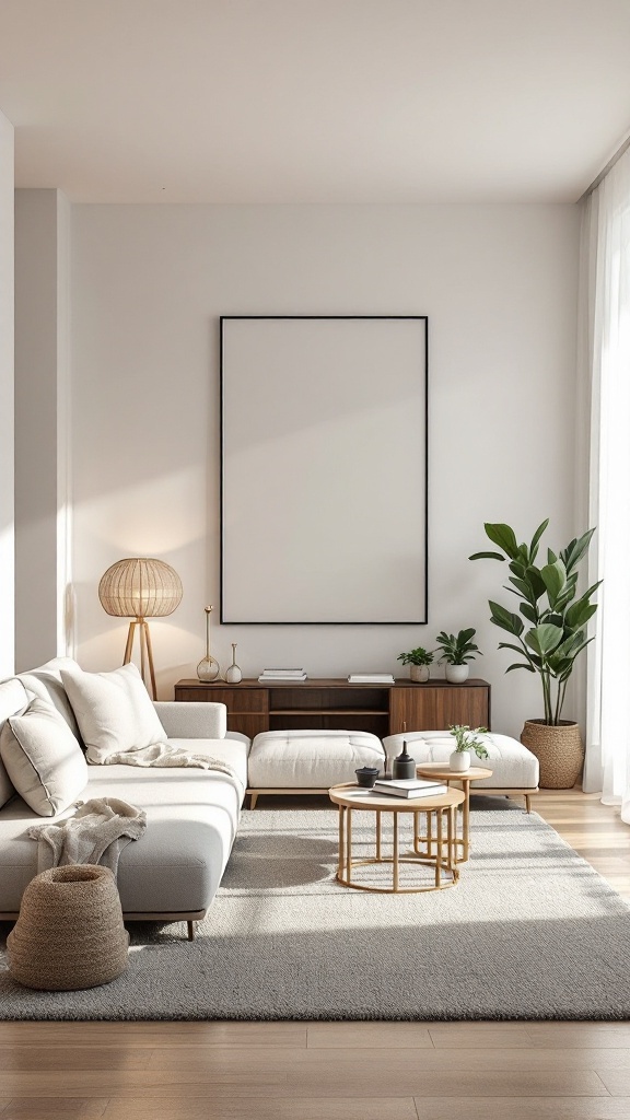 A cozy minimalist living room featuring a neutral palette with a simple sofa, a round coffee table, plants, and soft lighting.