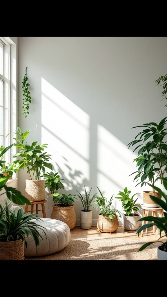 Cozy living room with various indoor plants arranged on the floor and window sill.
