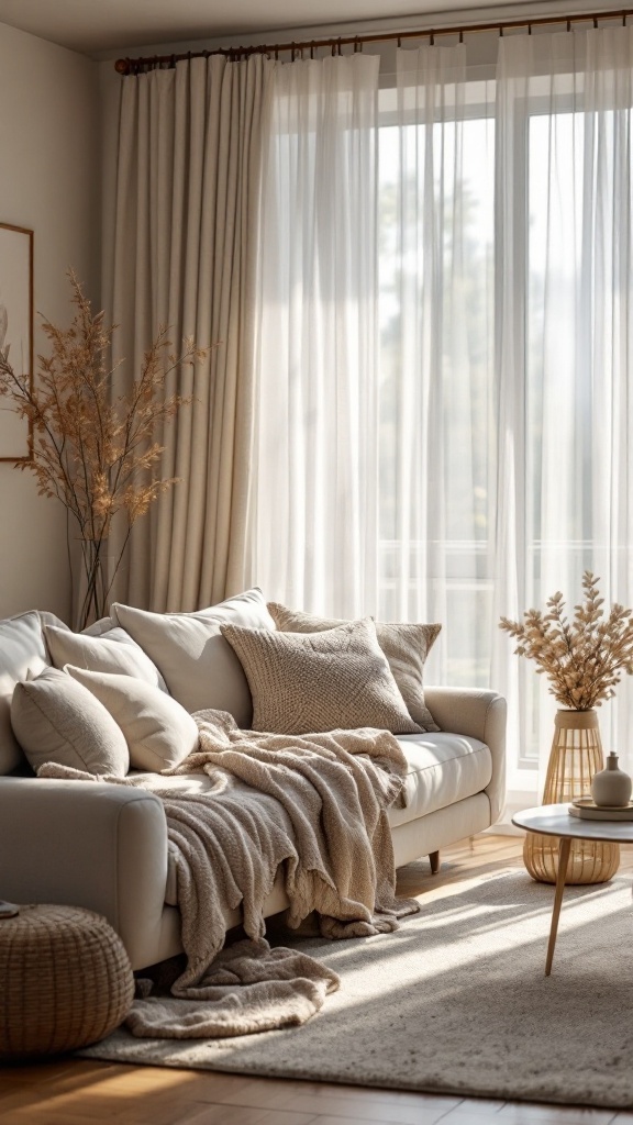 Cozy living room with soft fabrics, plush cushions, and natural light.