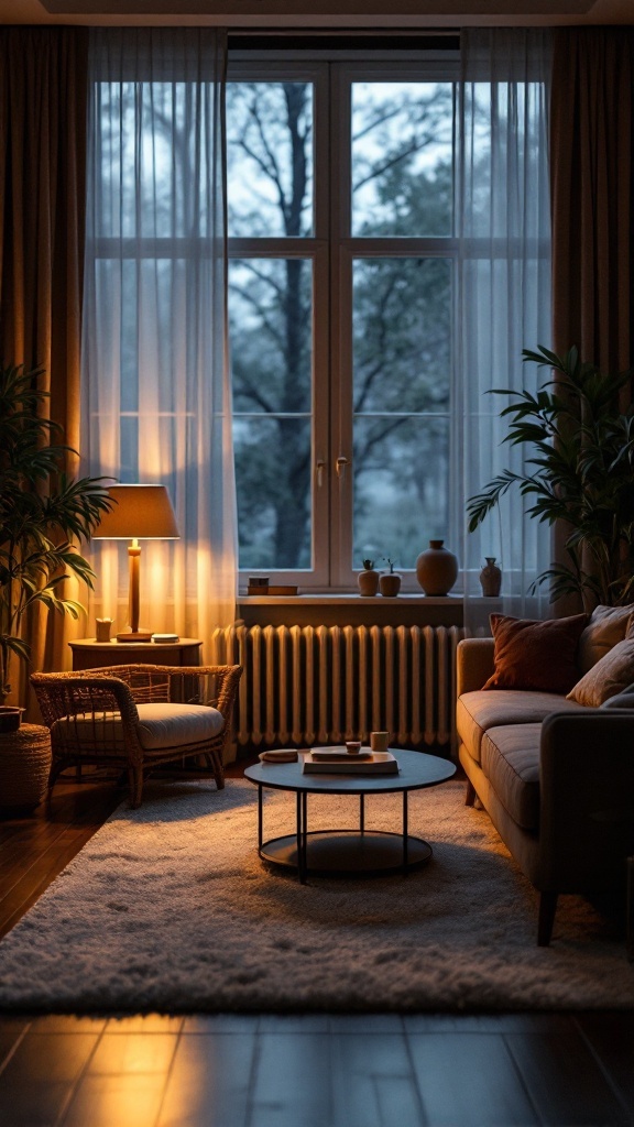 Cozy living room with soft lighting from floor and table lamps