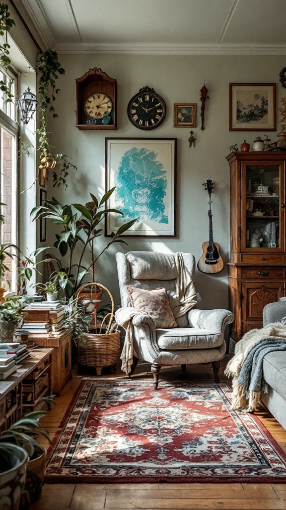 Cozy living room featuring vintage decor, a comfy chair, and plants